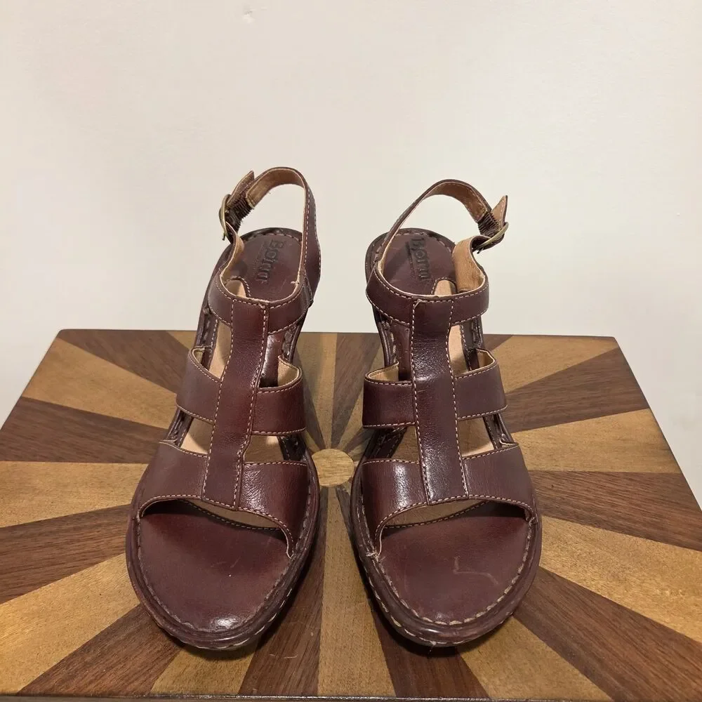 BORN Caged T-Strap Wedge Heeled Sandals US 7 Brown Leather Strappy Boho Hippie